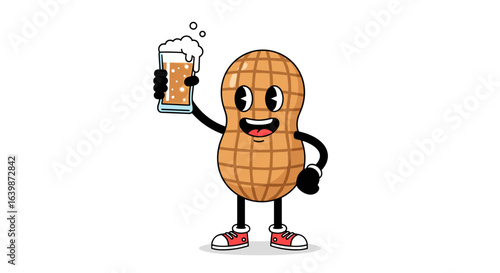Happy cartoon peanut character holding a glass of refreshing beer and toasting with joy