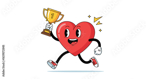 Cheerful cartoon heart character with a first place trophy running victoriously