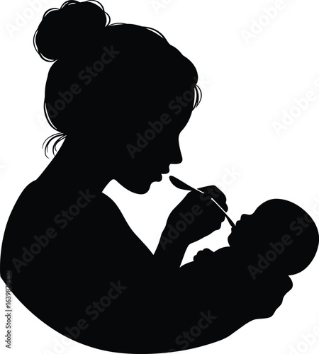 Mother feeding baby silhouette, loving mother and infant, nurturing child with spoon, maternal care moment, motherhood illustration, baby care art, parenting love, mother child bond.