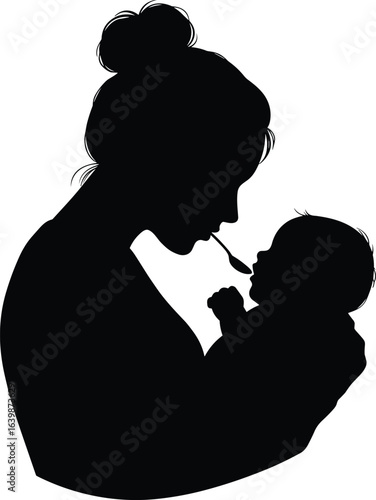 Mother feeding baby silhouette, caring parent moment, infant nourishment, loving mother holding child, parenthood concept, baby care illustration, nurturing bond, family love, early motherhood life.