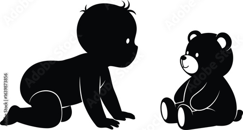 Baby crawling silhouette with teddy bear, cute infant playtime, early childhood development, baby and toy interaction, adorable moment, toddler growth, parenting concept, nursery art.