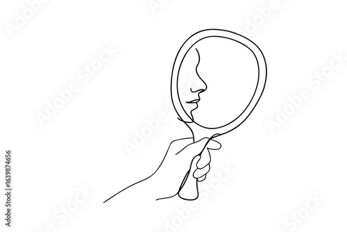Minimalist continuous line drawing a hand holding a mirror reflecting a face reflection