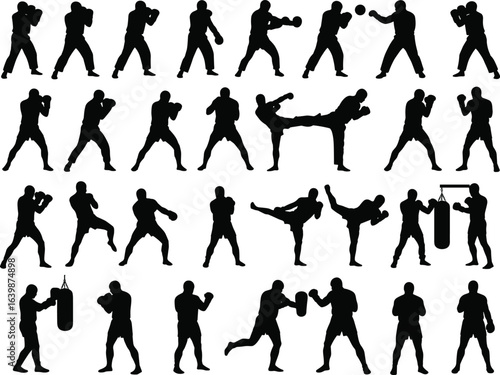 Silhouettes of male boxing and kickboxing athletes in various fighting poses with gloves, punching bag, and training actions