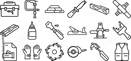 Carpenter tool outline icon set, line icon bundle, editable stroke icon collection