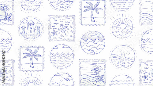 Seamless pattern featuring hand drawn tropical beach scenes and coastal elements in a repeating design silhouette