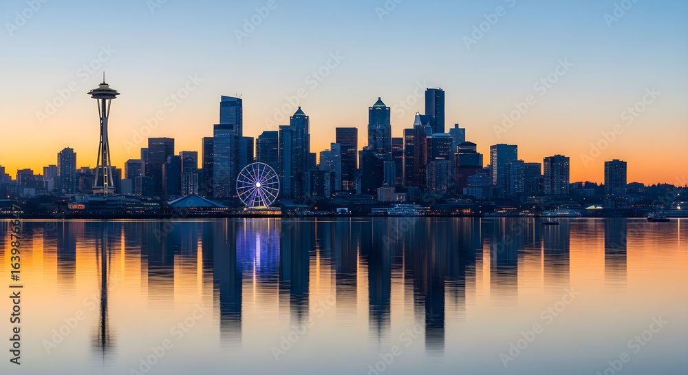 Panoramic Waterfront View of Seattle Skyline from Blue Waters under Soft Morning Light Panoramic Waterfront View of Seattle Skyline from Blue Waters under Soft Morning Light
