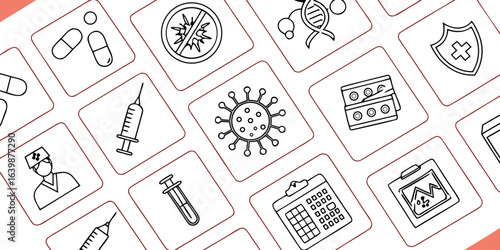 Illustration of medical and healthcare icons, representing virus, medicine, and treatment isolated on white background