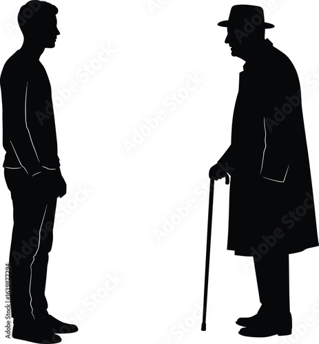 Silhouette of young man and elderly man with cane facing each other, generational contrast, age difference, black and white