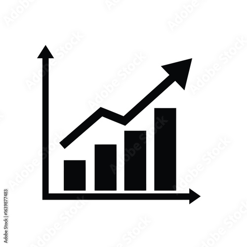 Black and white icon of a bar graph with an upward trending line and arrow