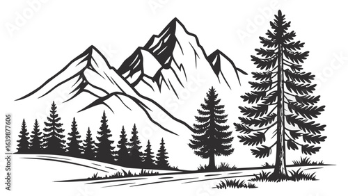 Black and white outline drawing of mountains and pine trees in a nature landscape scene design vector