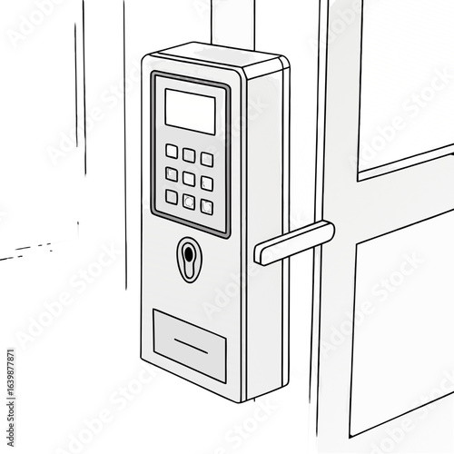 Modern digital keypad door lock with keyhole and handle on a white door