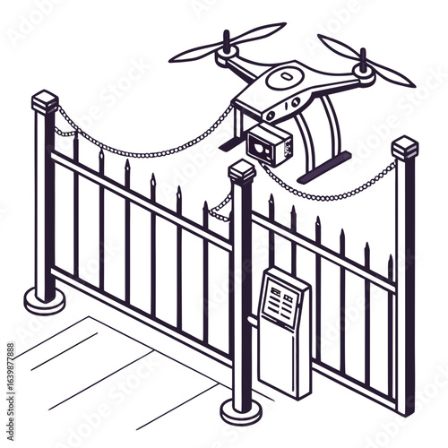 A drone equipped with a camera monitors a secure entrance with a fence and access control kiosk