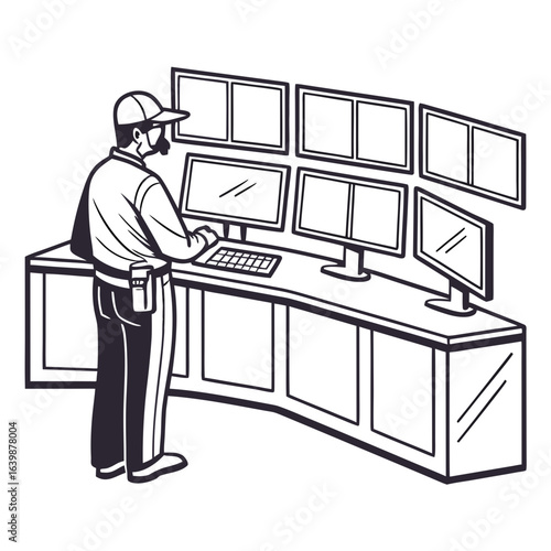 Security guard monitoring multiple screens at a control room desk with a keyboard and computer