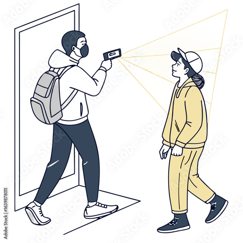 Person with backpack and mask shines phone flashlight at surprised individual in the dark