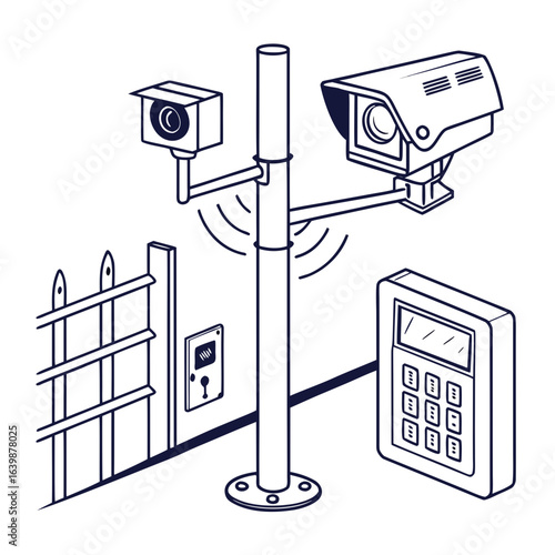 Modern security system with cameras and keypad for access control at a gated entrance
