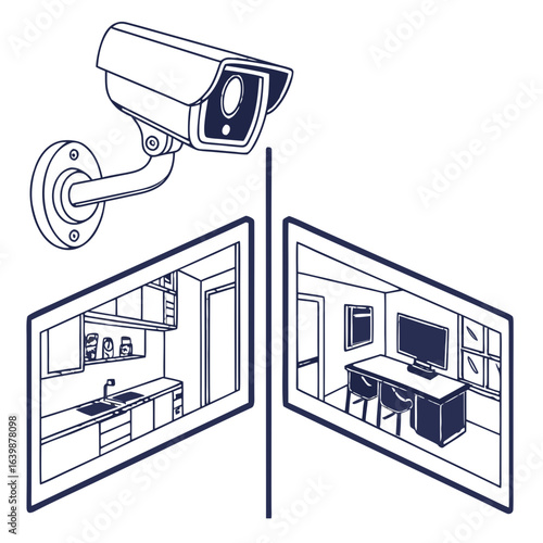 Security camera monitors two separate rooms one a modern kitchen and the other an office space