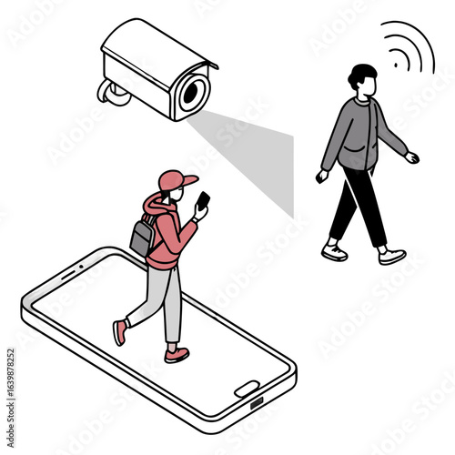 Stylized illustration of a person with a backpack walking under a spotlight with clothing and a phone scattered around