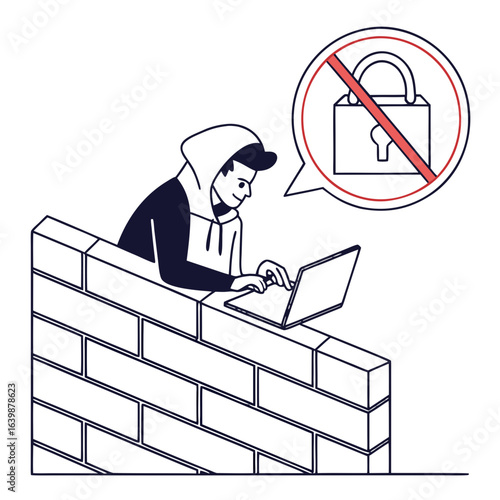 Hacker in hoodie behind brick wall attempts to bypass security with laptop and no lock symbol