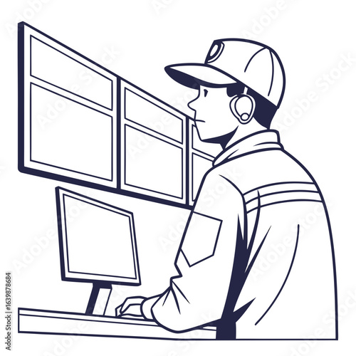 Security guard monitoring multiple screens and computer at a surveillance station wearing headphones and cap