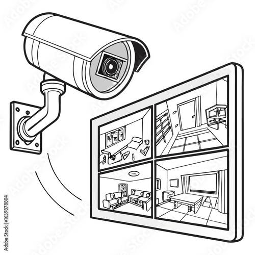 Security camera monitors multiple rooms showing surveillance footage in a stylized black and white illustration