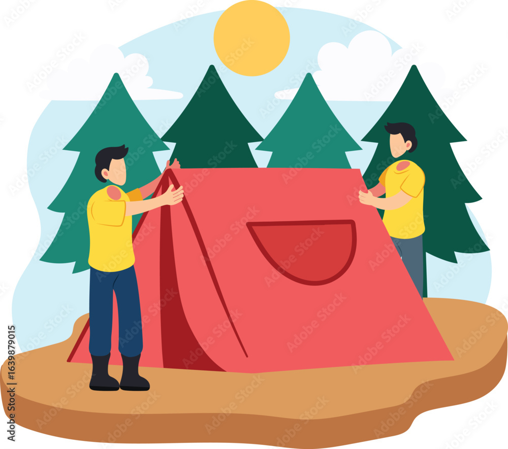 Fototapeta premium Boys setting up camping tent illustration