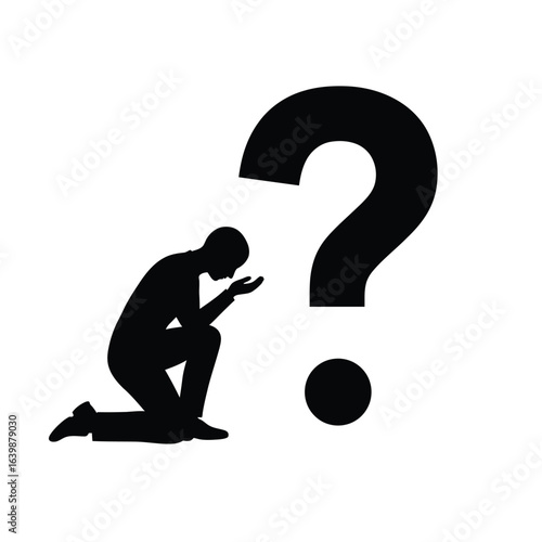 Silhouette of a person kneeling beside a large question mark