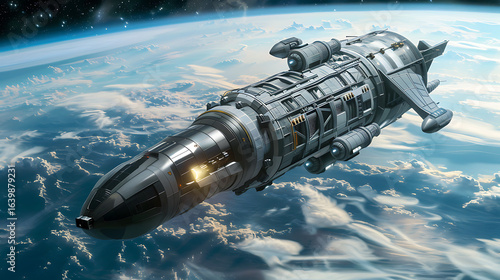 Wallpaper Mural Futuristic spaceship  orbiting a planet with a breathtaking view of space and clouds below. Torontodigital.ca