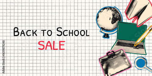 Back to school horizontal banner template with halftone collage elements arrangement, education concept. Modern retro mixed media vector illustration on graph grid paper background with copy space
