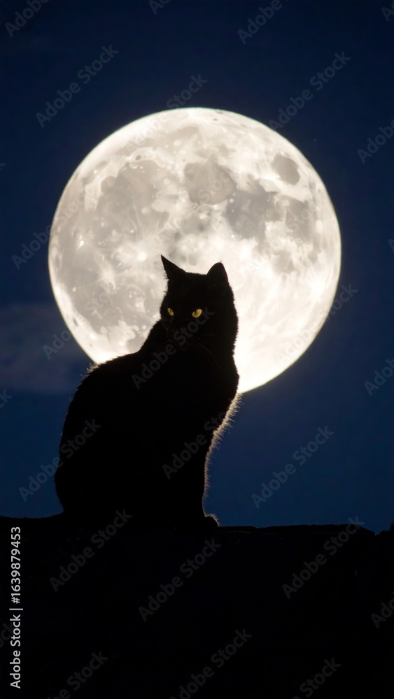 Fototapeta premium Silhouette of a Black Cat Underneath a Full Moon
