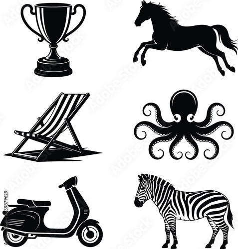 Assortment of black and white silhouette icons on white background trophy horse