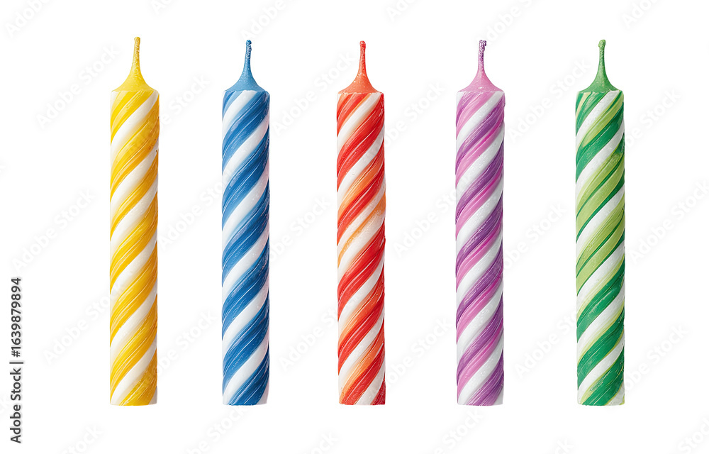Five spiral-patterned birthday candles in vibrant colors. Each candle has a thick, tapered wick. The colors swirl in stripes from base to tip Five spiral-patterned birthday candles in vibrant colors. Each candle has a thick, tapered wick. The colors swirl in stripes from base to tip