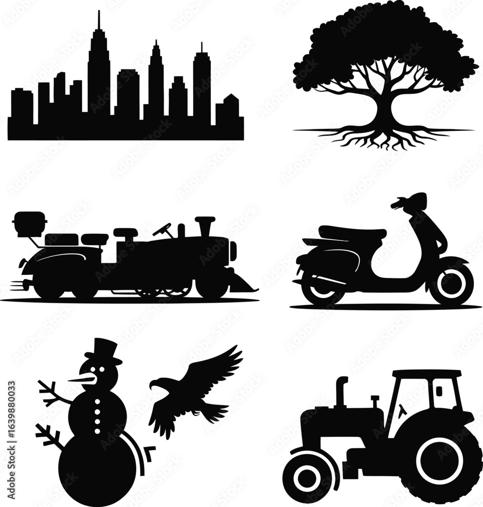 Obraz premium City Skyline Tree Train Scooter Snowman Eagle Tractor buildings skyscrapers