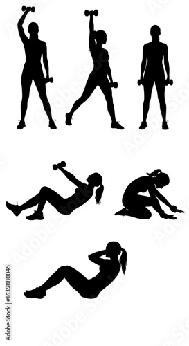 Dynamic woman performing various fitness exercises with dumbbells, showcasing strength and healthy lifestyle choices