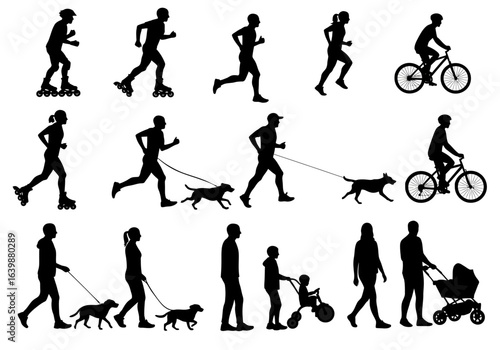 Dynamic silhouettes capture active lifestyles diverse people rollerblading running cycling walking dogs and with strollers showcasing outdoor recreation and family moments