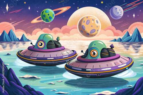 Alien hovercraft glides smoothly across extraterrestrial oceans, featuring futuristic design, glowing lights, and advanced propulsion, ideal for sci-fi art, space exploration concepts