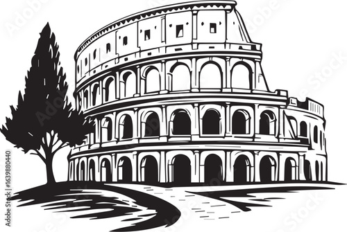 Historical Italian colosseum landmark, a famous Roman amphitheater sketch.

