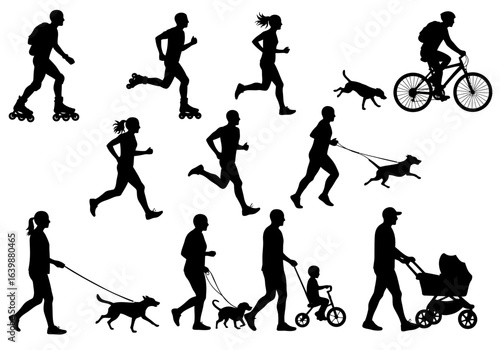 Dynamic silhouettes showcase active people rollerblading, running, cycling, walking dogs, and pushing strollers, capturing everyday motion and healthy lifestyles.