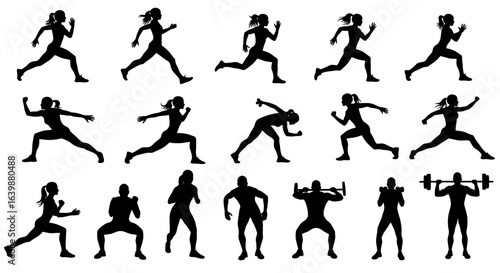 Dynamic silhouettes showcase diverse fitness activities including running, lunging, and weightlifting, perfect for health and wellness promotion