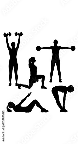 Dynamic fitness silhouettes capture women performing various exercises including weightlifting, lunges, and stretching, perfect for health and wellness promotions.