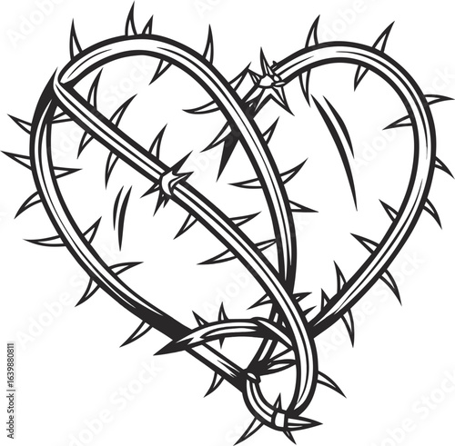 Vector illustration of a heart-shaped frame made of barbed wire, symbolizing love with a spiked design.