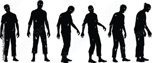 Row of creepy zombie silhouettes, undead walking figures, horror monsters, scary tattered clothes, Halloween theme, spooky zombie lineup