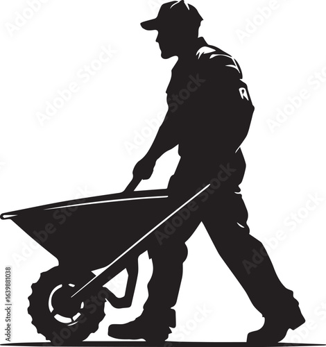 Strong construction worker pushing a wheelbarrow, detailed silhouette vector design.

