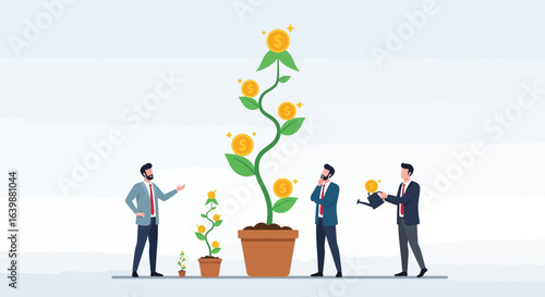 Financial Growth Businessmen Nurturing Coin Tree Investment Success Concept