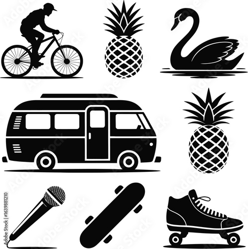 Cyclist pineapple swan camper van microphone skateboard roller skate silhouettes