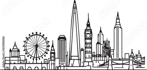 Outline City Skyline with Famous London Landmarks, Travel Illustration

