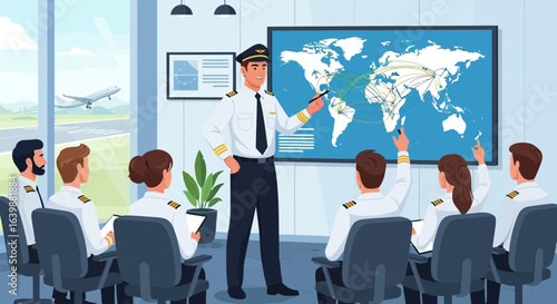 Pilot Training Session With World Map For Aviation Professionals Illustration