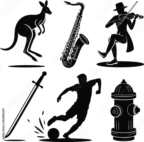 Kangaroo saxophone violinist sword soccer player and fire hydrant silhouettes vector