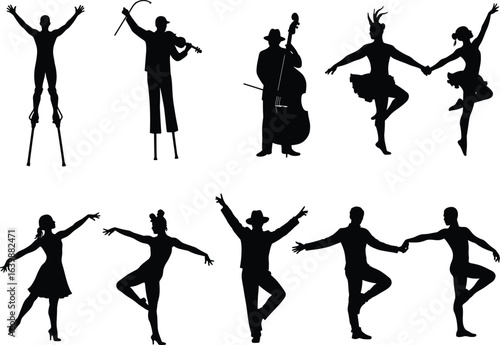 Silhouettes of dancers and musicians, stilt walker, violinist, double bass player, ballet dancers, expressive dance poses, performing arts concept