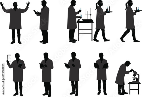 Scientists silhouettes working in laboratory, lab coats, holding test tubes and flasks, microscope research, scientific study, medical experiment concept