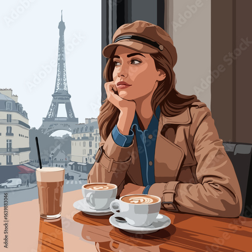 Pensive stylish woman dreaming at a table in a cafe against a Paris city view with the Eiffel Tower